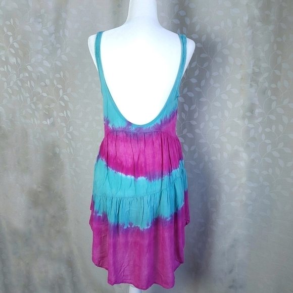 Blu Moon Revolve Tie Dye Mini Dress XS Teal Magenta Rayon Boho Festival - Picture 10 of 14